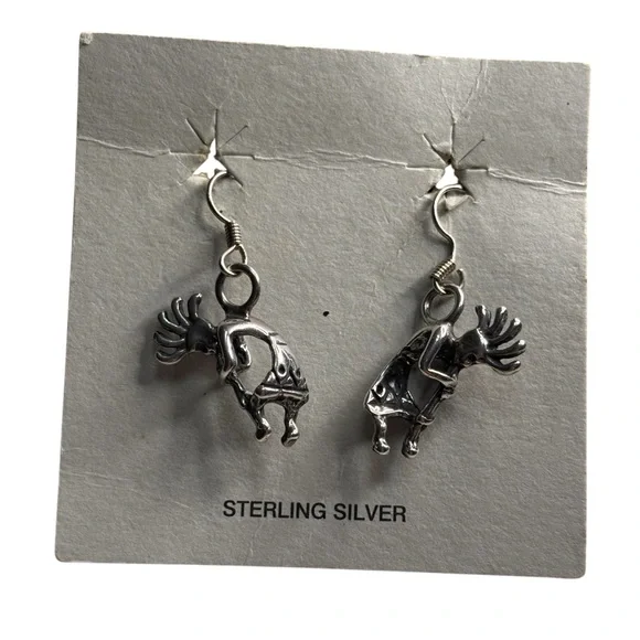 Vintage 1970 Masha Sterling Silver Navajo Kokopelli Dangling Earrings Flute - Picture 2 of 8